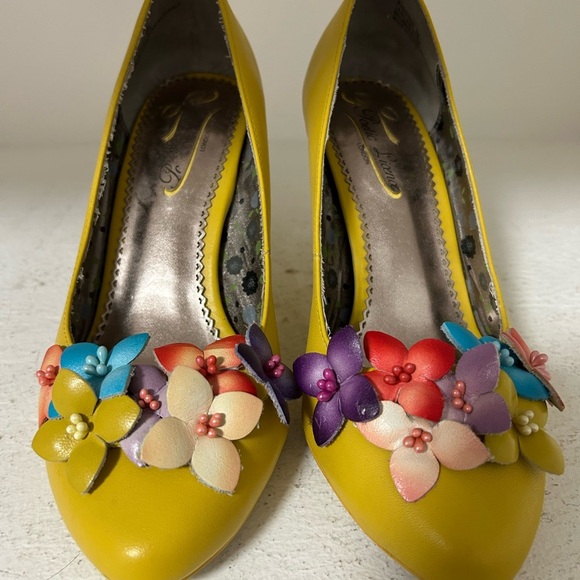 Poetic License Yellow Heels with Multicolor Floral Accents - Picture 2 of 6